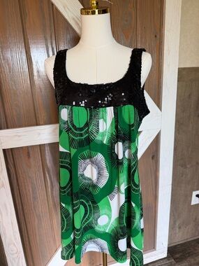 Y2K Style Green Graphic Sundress with Black Sequin Yoke Size XL